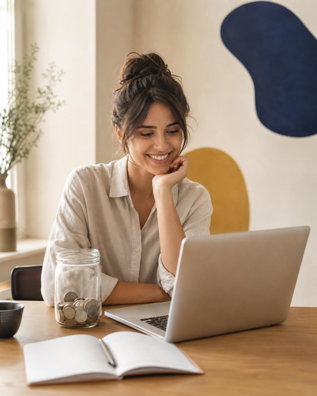 Donna sorridente al laptop con un barattolo di risparmio e un quaderno aperto, in uno spazio luminoso e moderno